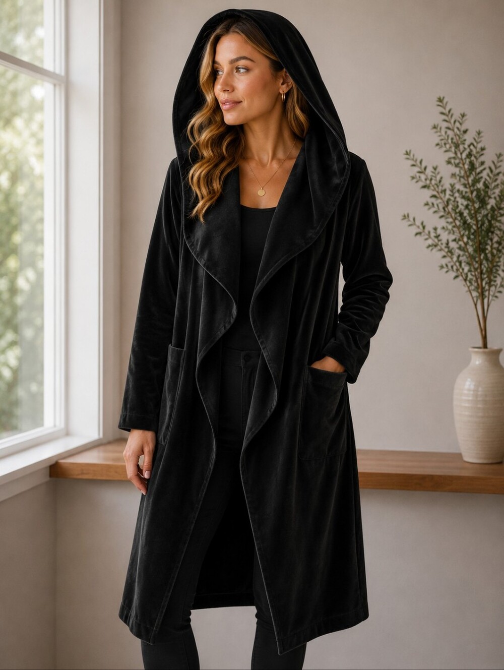 💥 Women's Black Open-Front Drape Coat